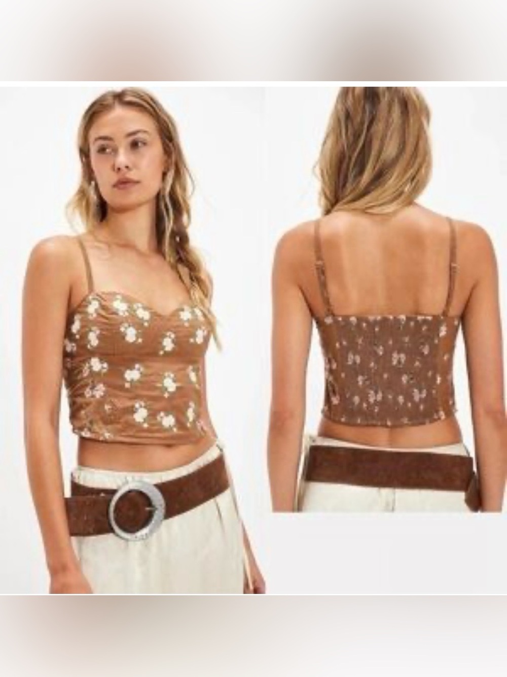 Free People Wildflower Embroidered Bustier Brown Floral Spaghetti-Strap Crop Top